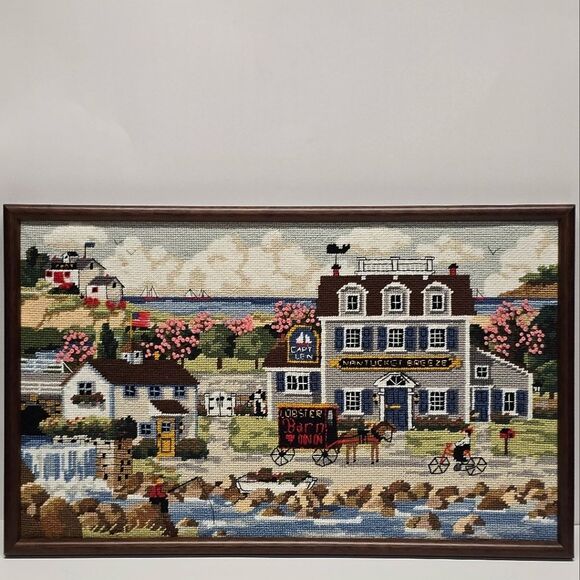 Handmade Nantucket Breeze Needlepoint Framed Charles Wysoki's Coastal Scene 1989